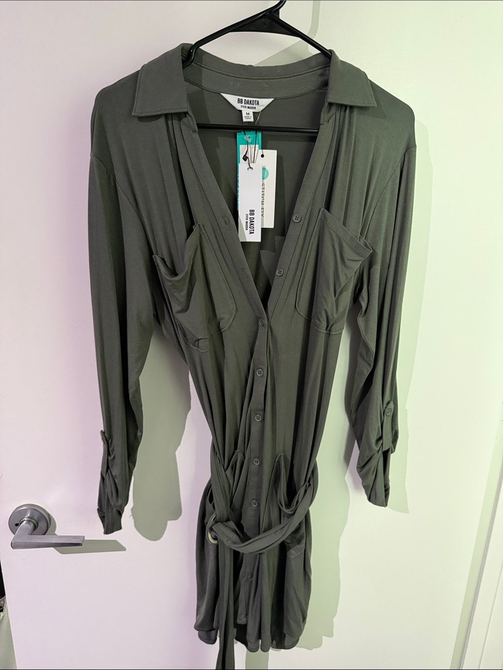 BB Dakota Olive Green Button-Front Shirt Dress with Belt Waist